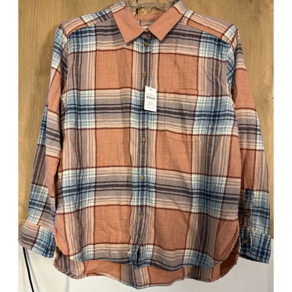 American Eagle Plaid Flannel Shirt Womens Medium Pink Blue Long Sleeve Button Up
